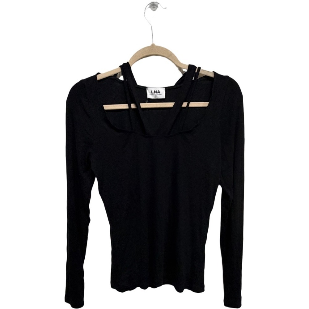 LNA Parallel Ribbed Long Sleeve Cutout Top Black Made in USA Revolve Size M NWT